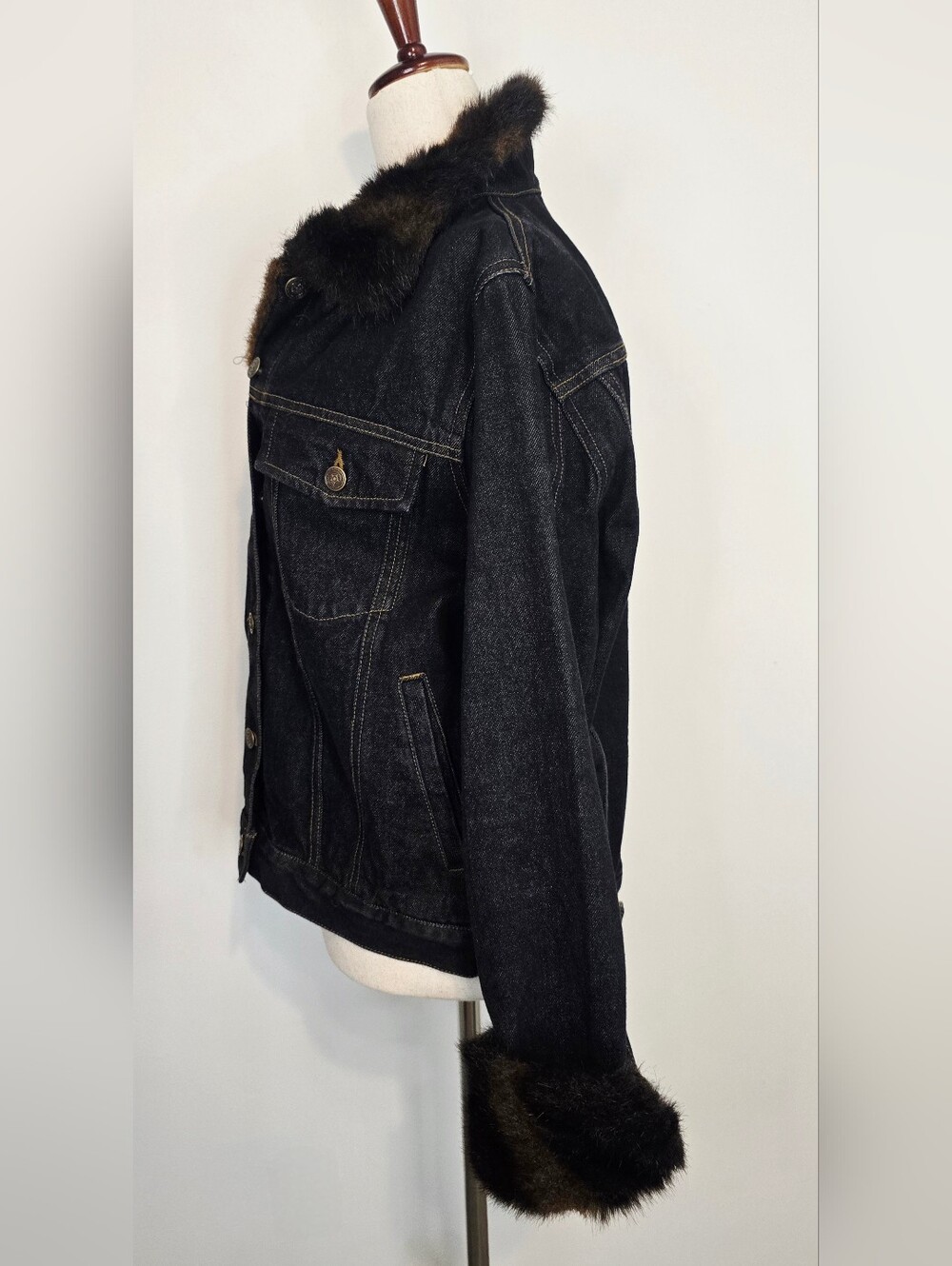 Fuda New York Faux Fur Trim Denim Jacket Y2K Dark Wash Glam Vintage Mob Wife - Picture 12 of 13